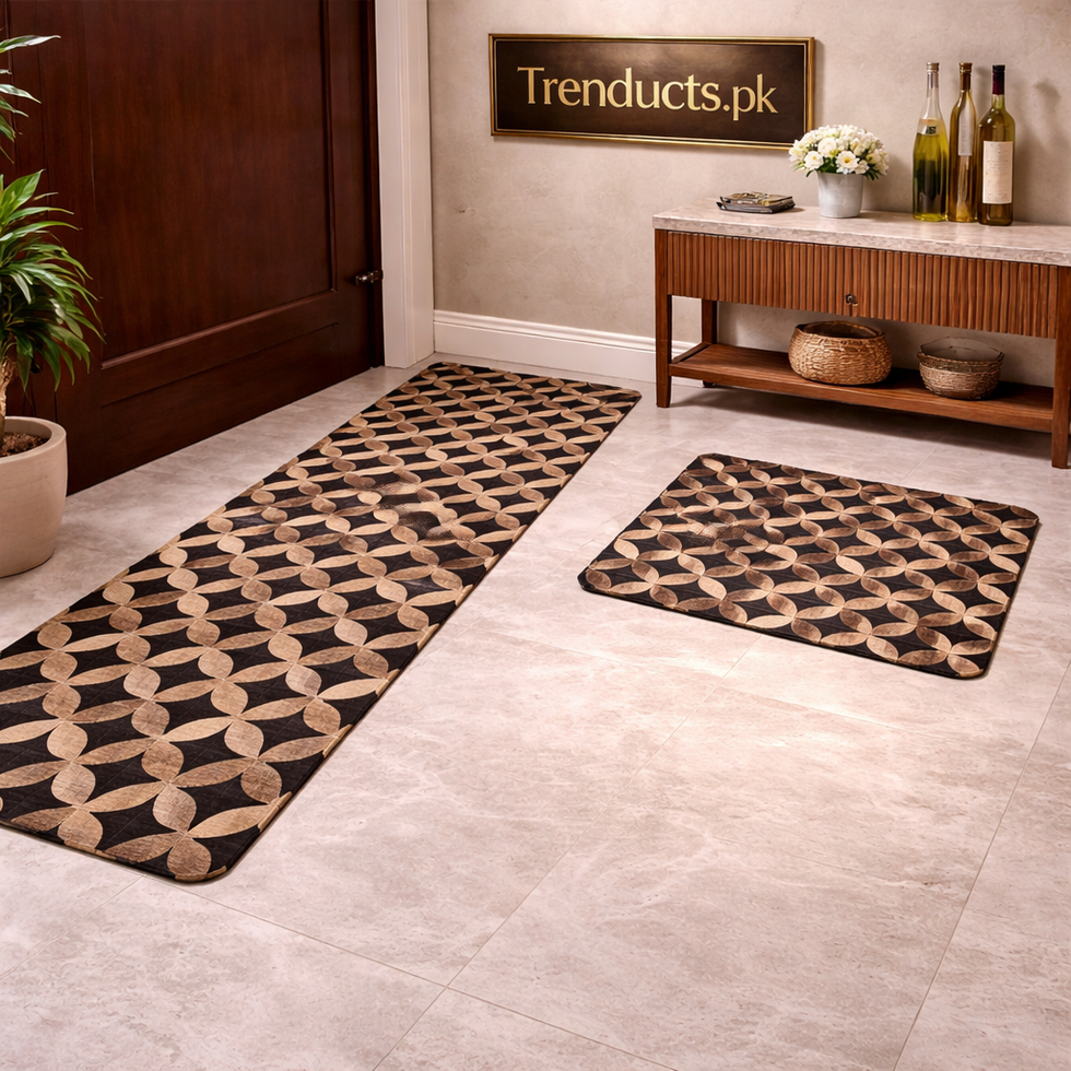 Modern Geometrical 2-Piece Runner Mat Set – Nappa Leather Fabric & Anti-Slip Rubber Base