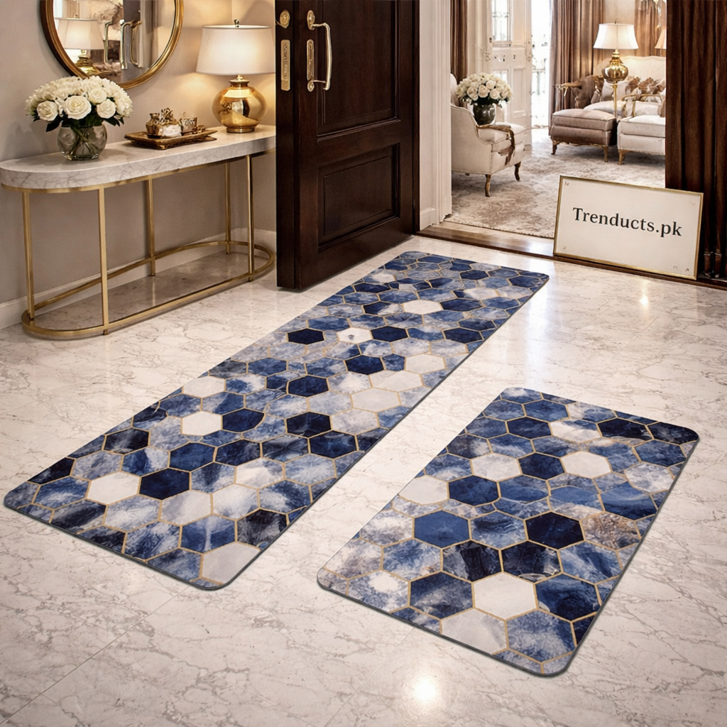 Modern Geometrical 2-Piece Runner Mat Set – Nappa Leather Fabric & Anti-Slip Rubber Base