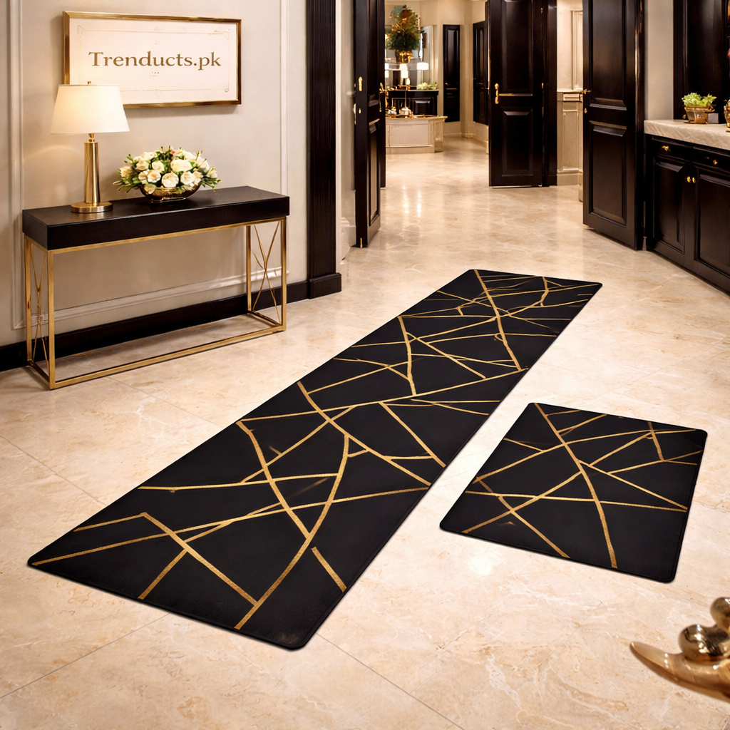 Modern Geometrical 2-Piece Runner Mat Set – Nappa Leather Fabric & Anti-Slip Rubber Base