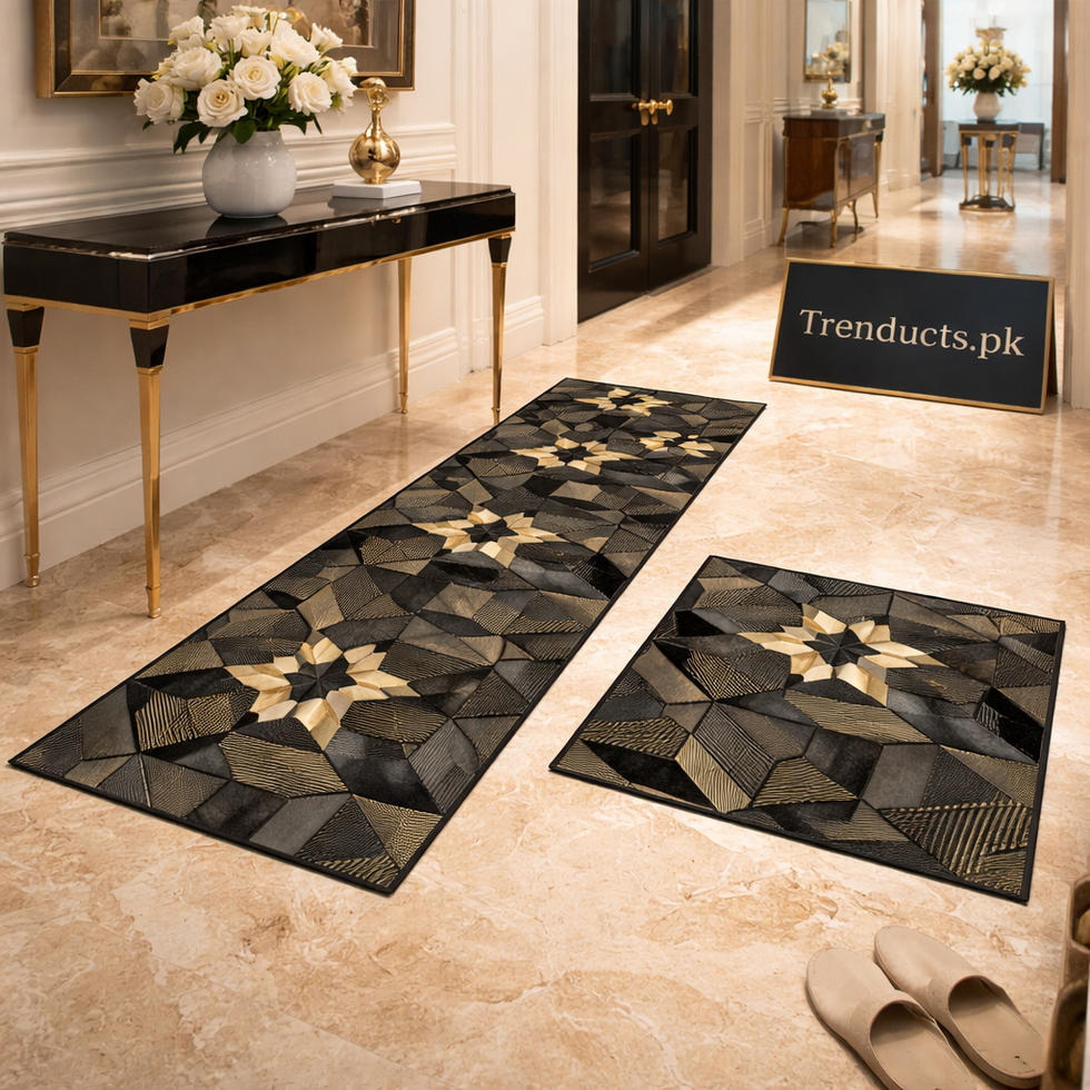 Modern Geometrical 2-Piece Runner Mat Set – Nappa Leather Fabric & Anti-Slip Rubber Base