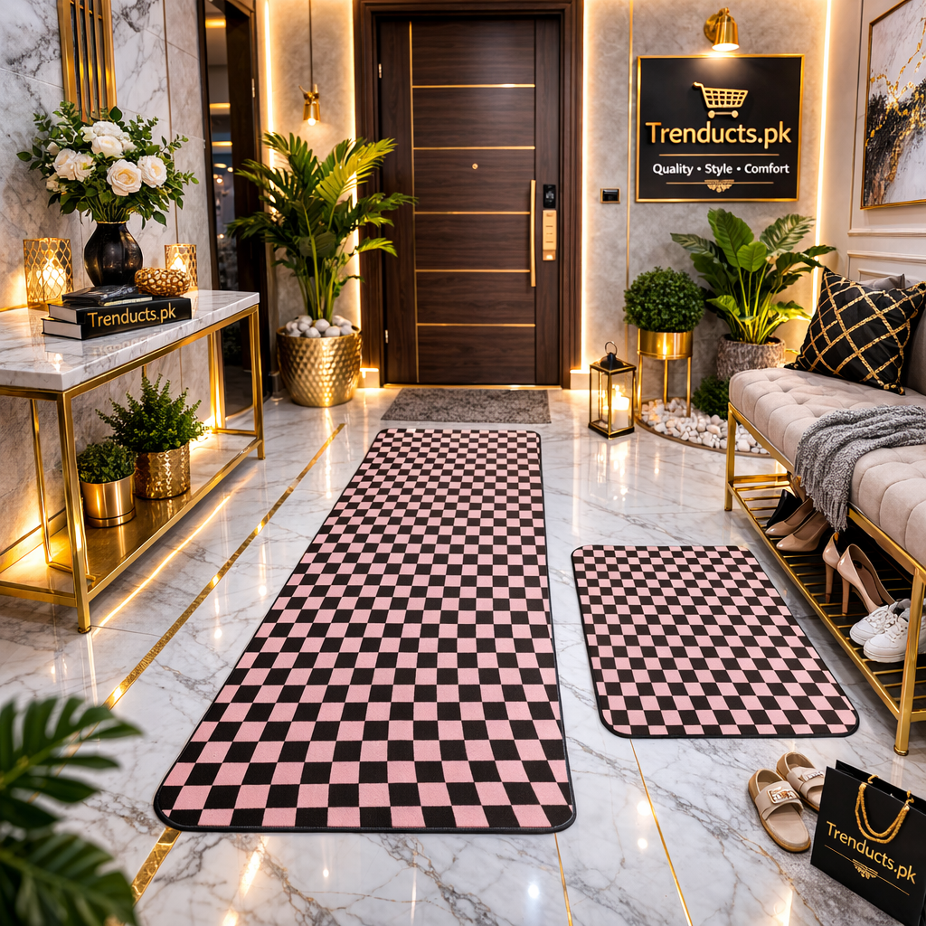 Modern Geometrical 2-Piece Runner Mat Set – Nappa Leather Fabric & Anti-Slip Rubber Base