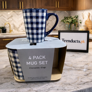 A set of four modern textured ceramic mugs in muted colors, ideal for coffee and tea.