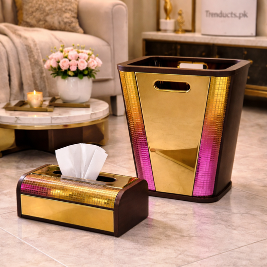 Crystal Luxe Wooden Dustbin & Tissue Box Set – Premium Decor