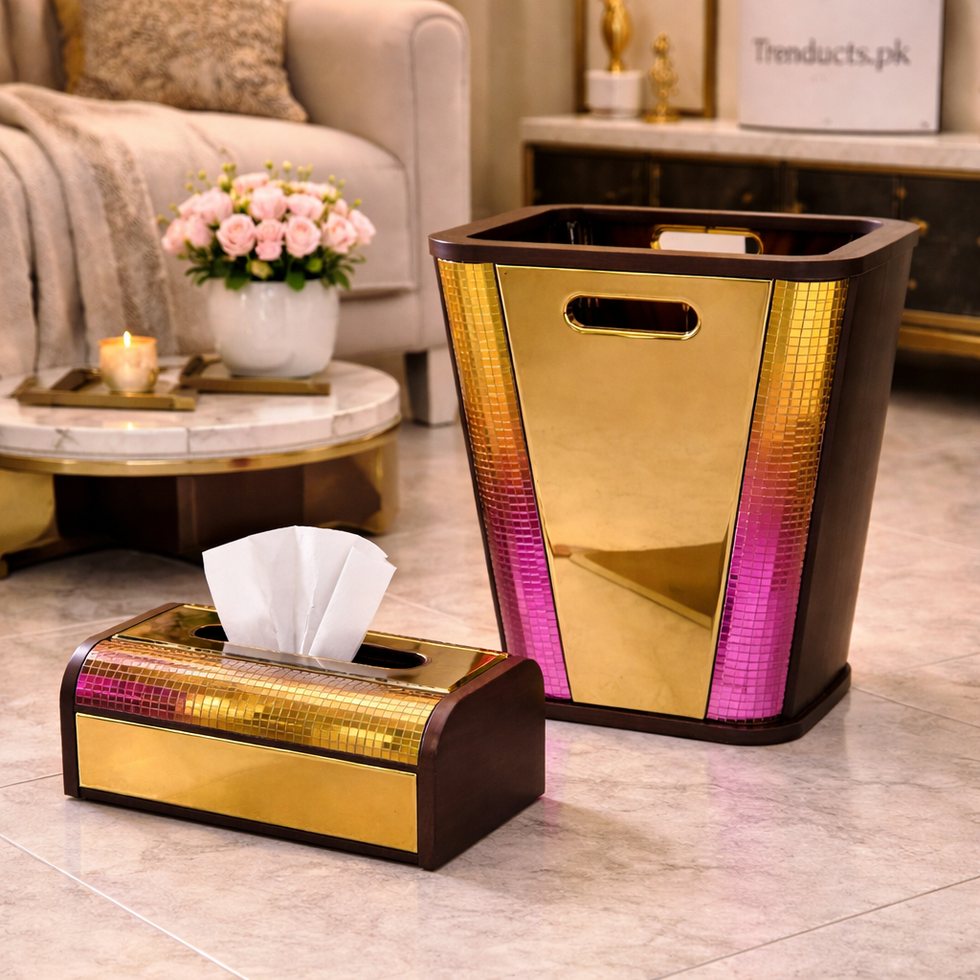 Crystal Luxe Wooden Dustbin & Tissue Box Set – Premium Decor
