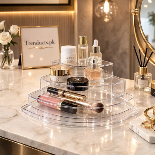 Clear 3-tier acrylic corner step organizer displaying luxury perfume bottles on a white marble vanity.
