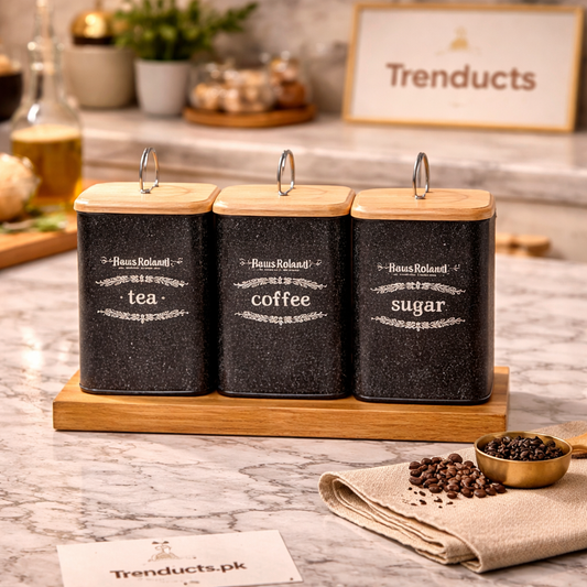 Hausroland 3-Piece Storage Canister Set with Wood Lids – Black, White & Grey