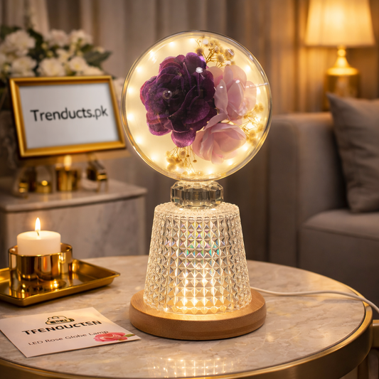 Golden Ribbon Crystal Rose Lamp - Dual Crimson Blooms in a Starlit Glass Globe (Random Design)