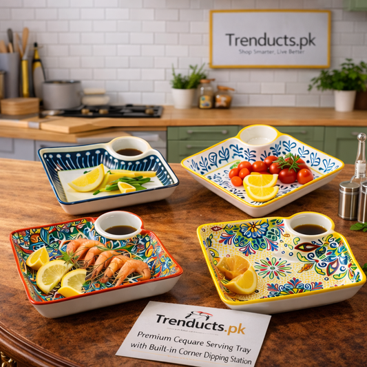 Premium Ceramic Square Serving Tray with Built in Corner Dipping Station