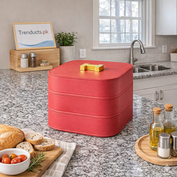 Elegant multi-layer leather-type storage box for jewelry and cosmetics, perfect for vanity or desk organization.