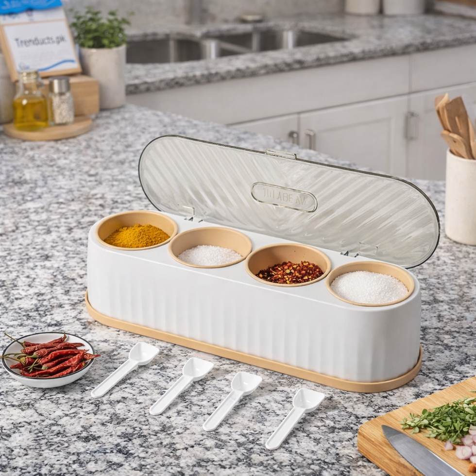 Wonder 4-Grid Large Masala Box - Bulk Spice Organizer with Spoons