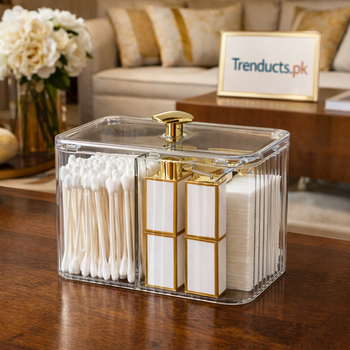 Clear 3-compartment vanity organizer for cotton swabs and pads, perfect for bathroom or dressing table decor.
