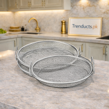 Stainless steel mesh strainer available in 22cm, 25cm, and 28cm sizes for kitchen washing and sifting.