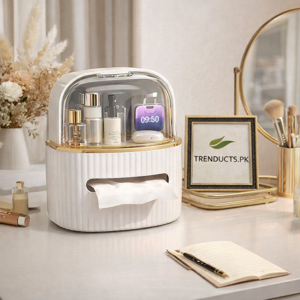 Premium Vanity Organizer - Tissue Box & Skincare Showcase with Acrylic Door