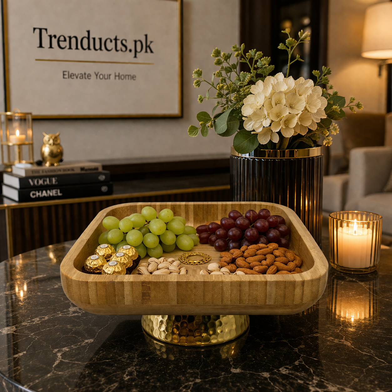 Square Pedestal Bamboo Serving Platter with Hammered Gold Base