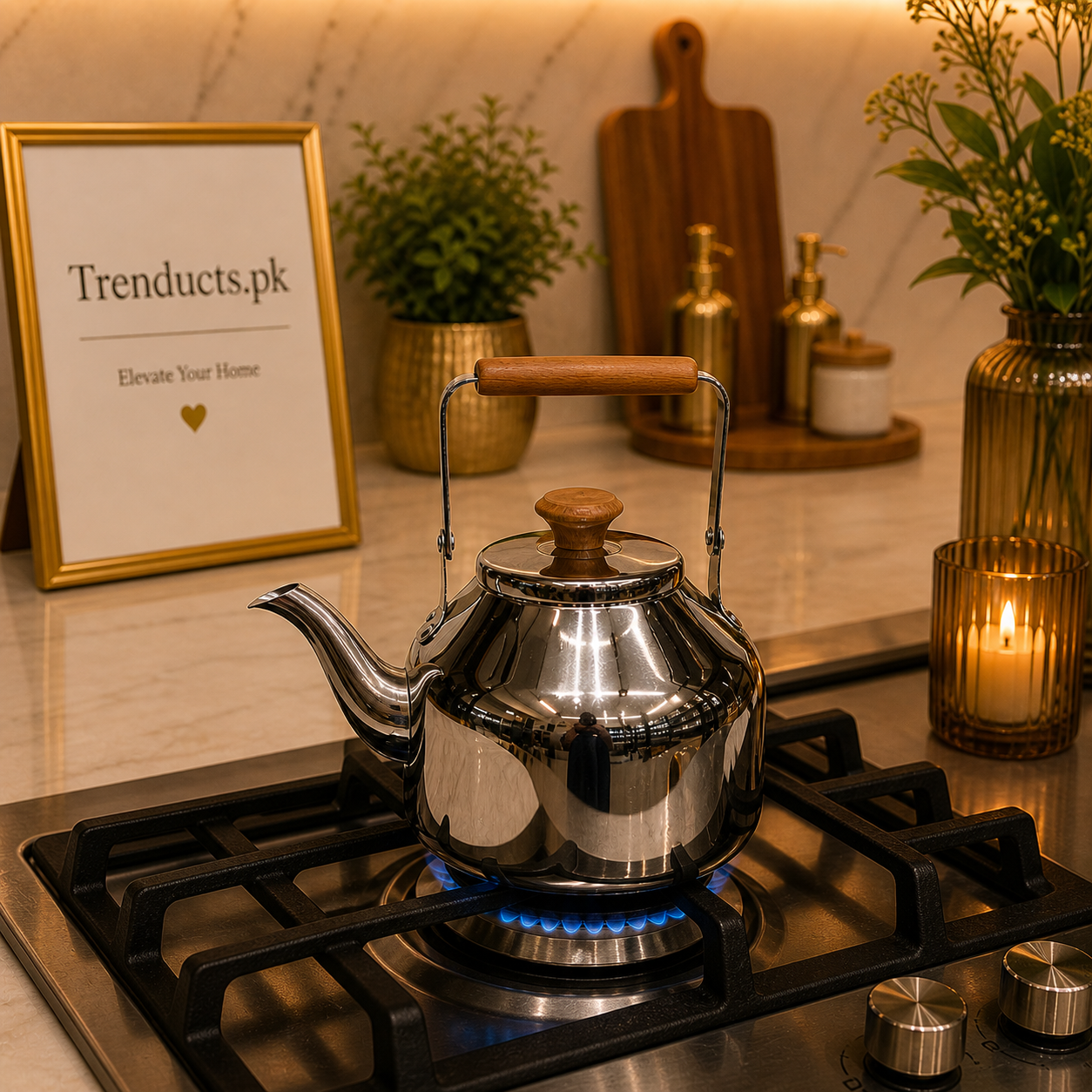 High-Shine Stainless Steel Kettle with Wooden Accents