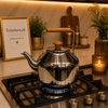High-Shine Stainless Steel Kettle with Wooden Accents