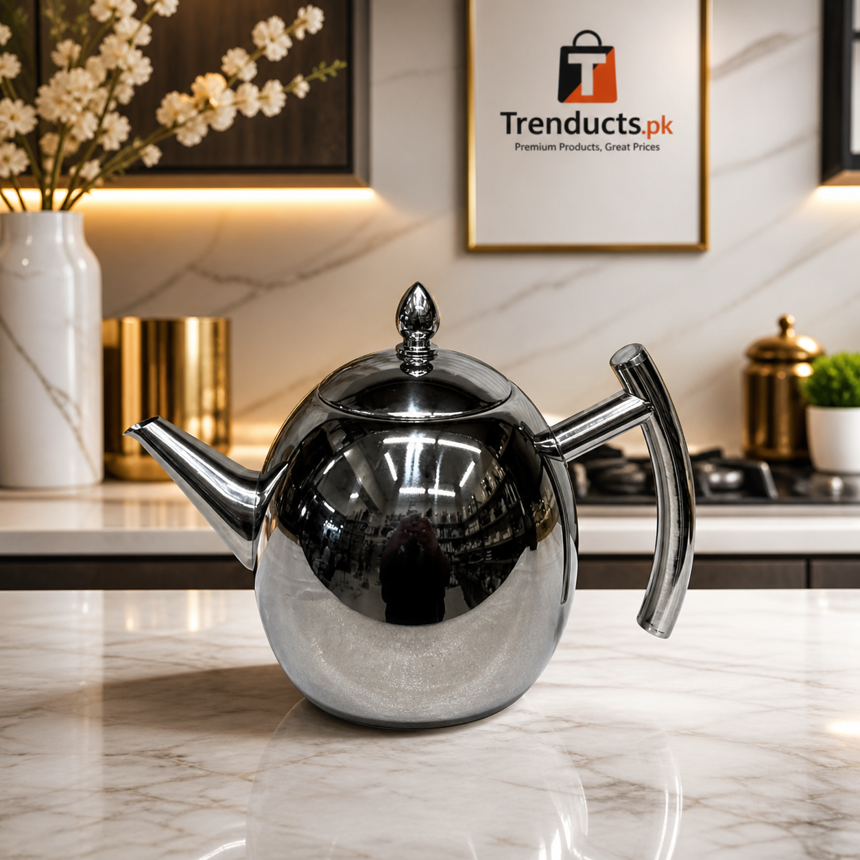 odern Mirror-Finish Stainless Steel Teapot