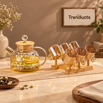 Amber Glass Water Jug Set with 6 Cups & Wooden Rack - Premium Tea & Juice Server Set
