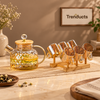 Amber Glass Water Jug Set with 6 Cups & Wooden Rack - Premium Tea & Juice Server Set