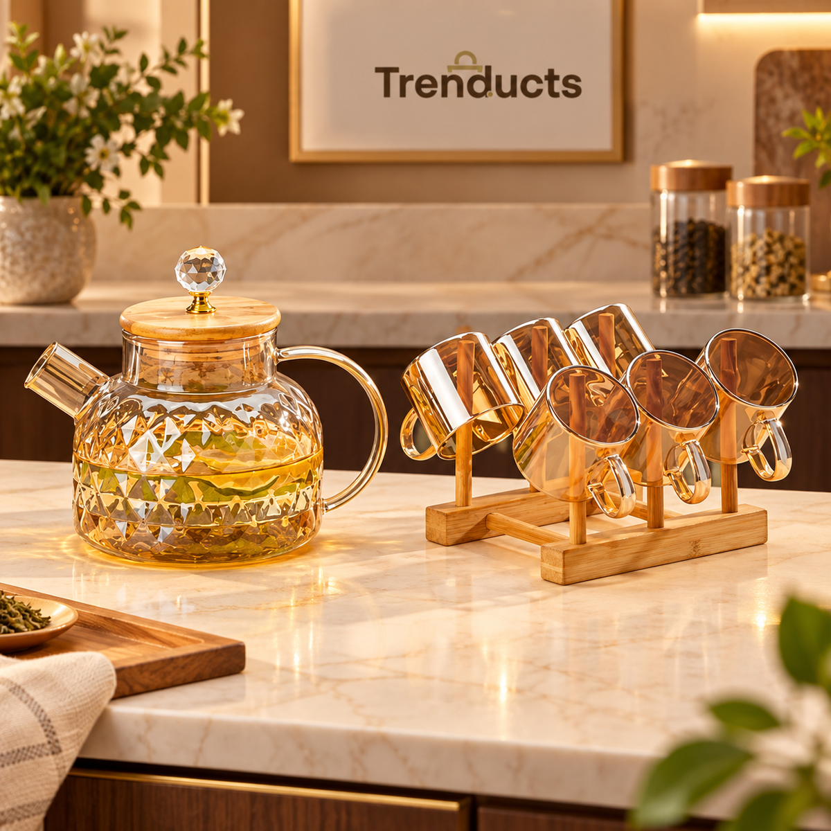 Amber Glass Water Jug Set with 6 Cups & Wooden Rack - Premium Tea & Juice Server Set