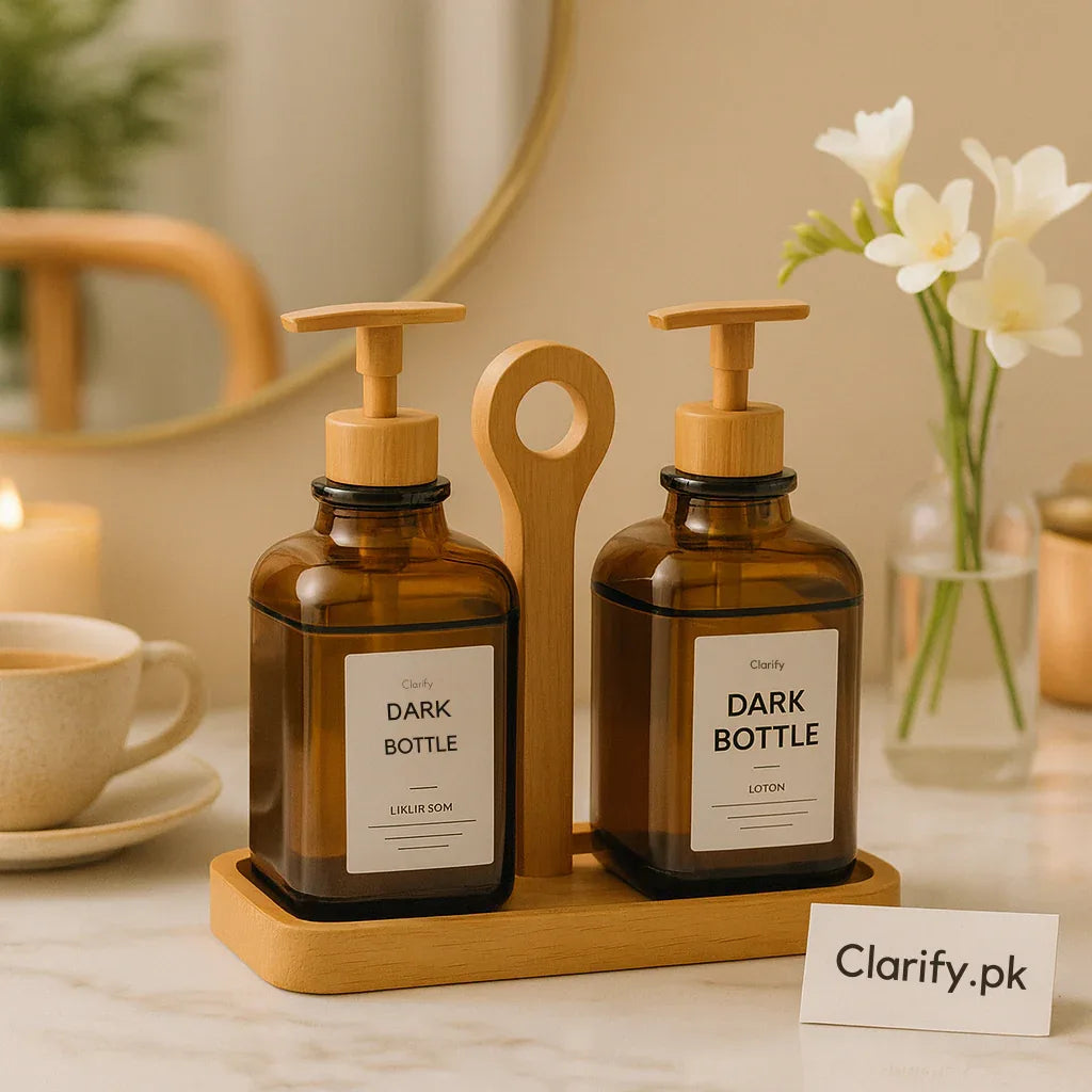 Amber Refillable Pump Bottles with Wooden Tray – Soap & Lotion Dispenser Set - Clarify.pk