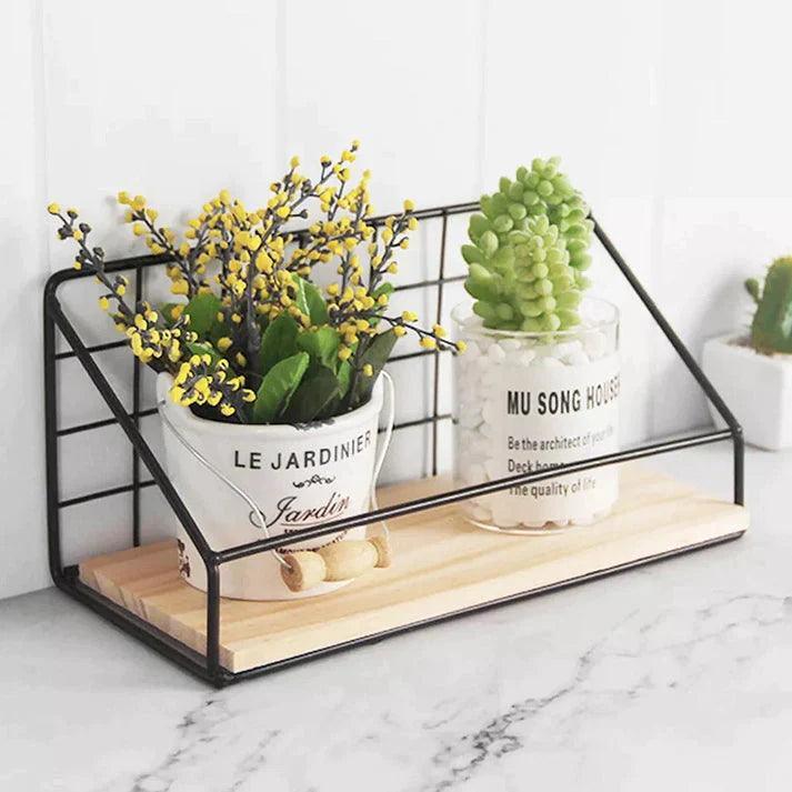Metal Grid Wall Shelf with Wooden Base for Stylish Home Storage - Clarify.pk