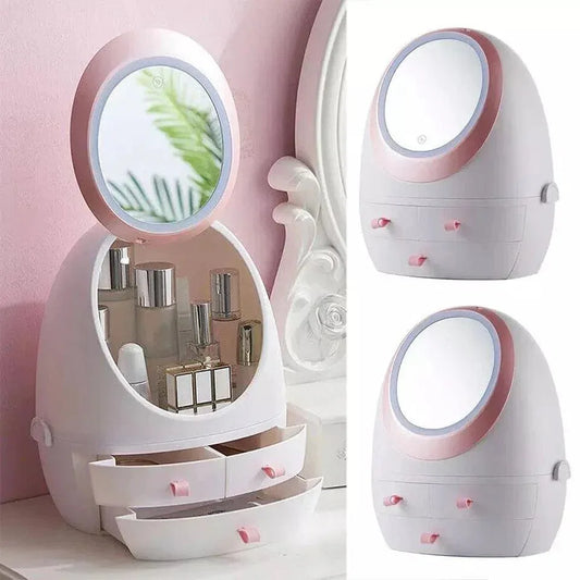 Oval Mirror Cosmetic Organizer with LED Lighted Storage and Makeup Mirror - Clarify.pk