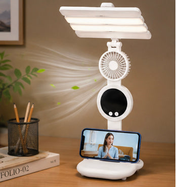 5-in-1 LED Fan Desk Lamp with Phone Holder - Rechargeable