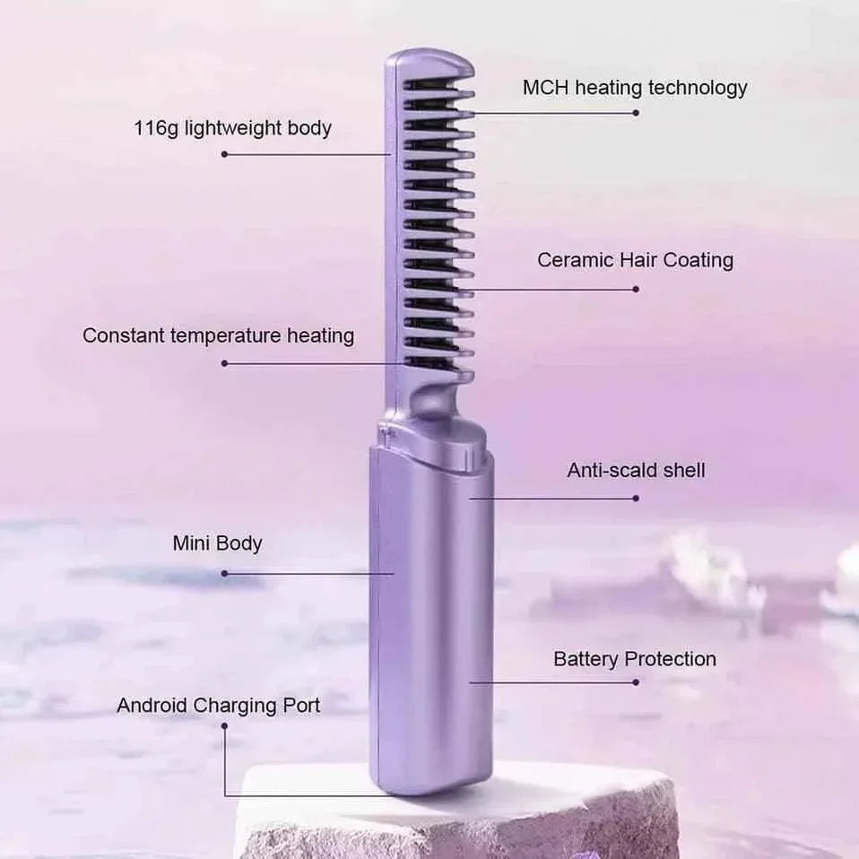 Cordless Hair Straightener Comb - Wireless Rechargeable Travel Device