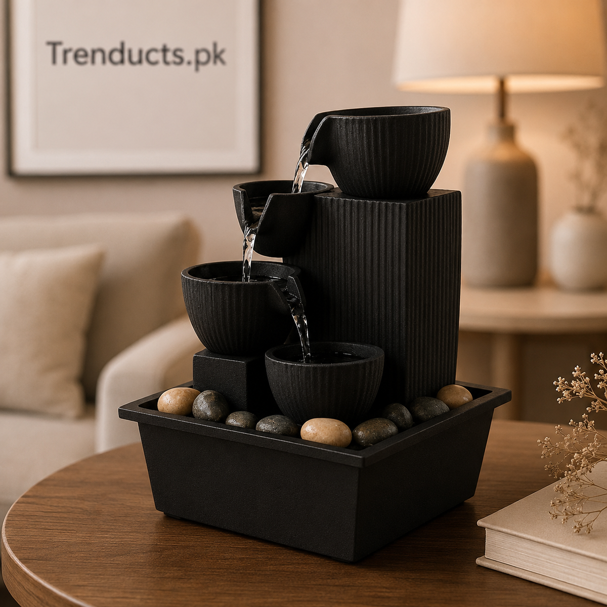 Mini Black Pot Fountain – Electric Indoor Waterfall with LED Light