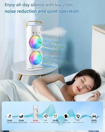 Rechargeable Mist Fan - Dual Spray with Automatic Rotation and Lighting Effects - Clarify.pk