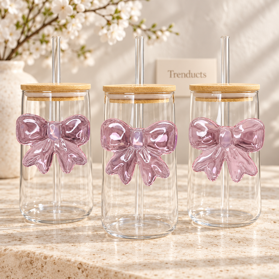 Bow Glass Sipper with Bamboo Lid & Glass Straw – Aesthetic Coquette Drinkware