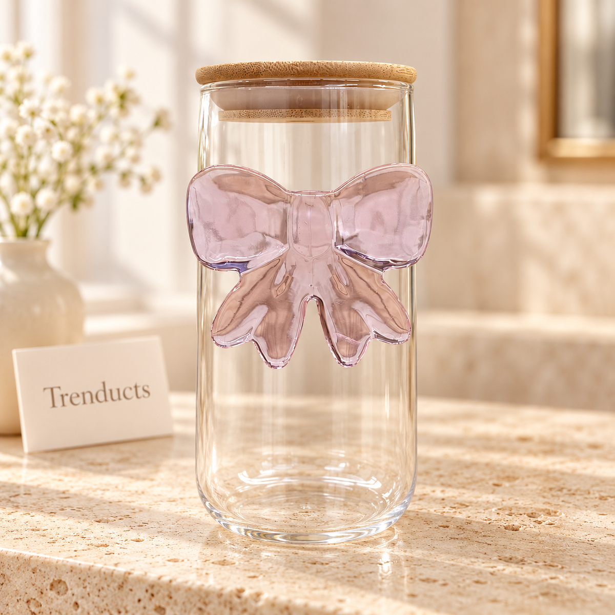 Bow Glass Sipper with Bamboo Lid & Glass Straw – Aesthetic Coquette Drinkware
