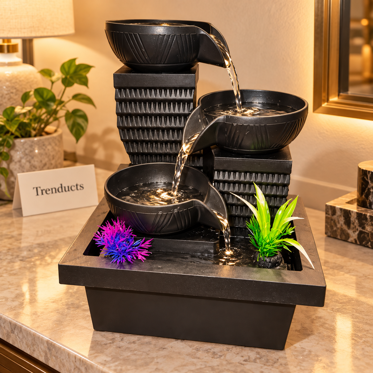 3-Tier Bowl Waterfall Tabletop Fountain with LED & Plants – Zen Home Decor