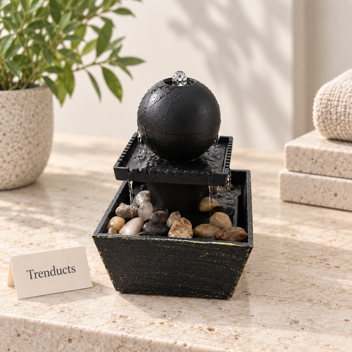 Sphere Orb Tabletop Fountain with River Pebbles & Cascading Water – Indoor Water Feature