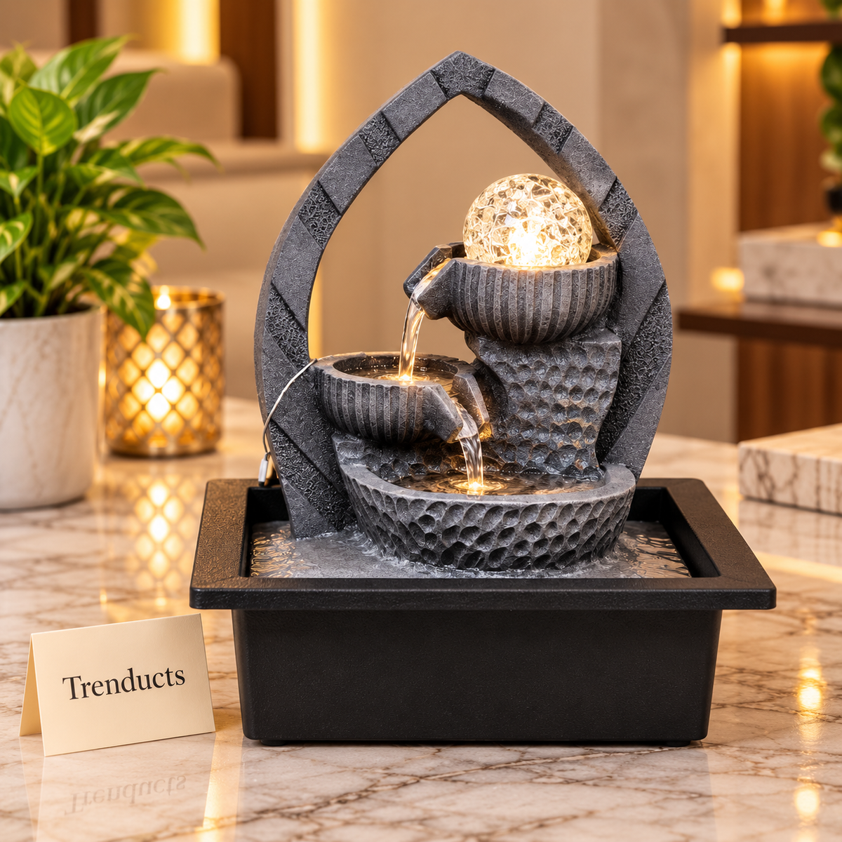Gothic Arch Tabletop Fountain with LED Crystal Ball & 3-Tier Cascade – Indoor Water Feature