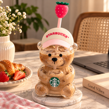 Cute Bearista Sipper with Straw & Strawberry Topper (Premium Quality)