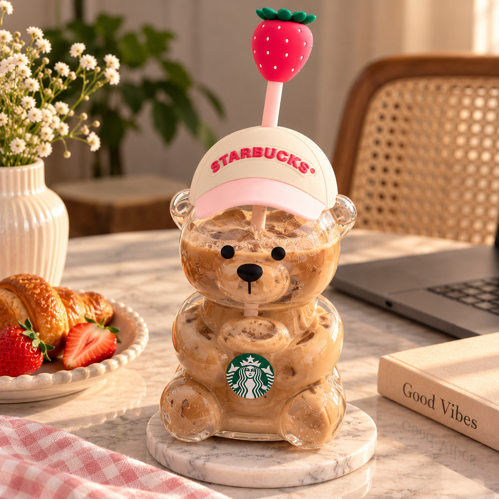 Cute Bearista Sipper with Straw & Strawberry Topper