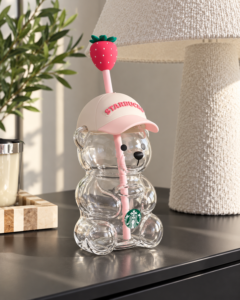 Cute Bearista Sipper with Straw & Strawberry Topper