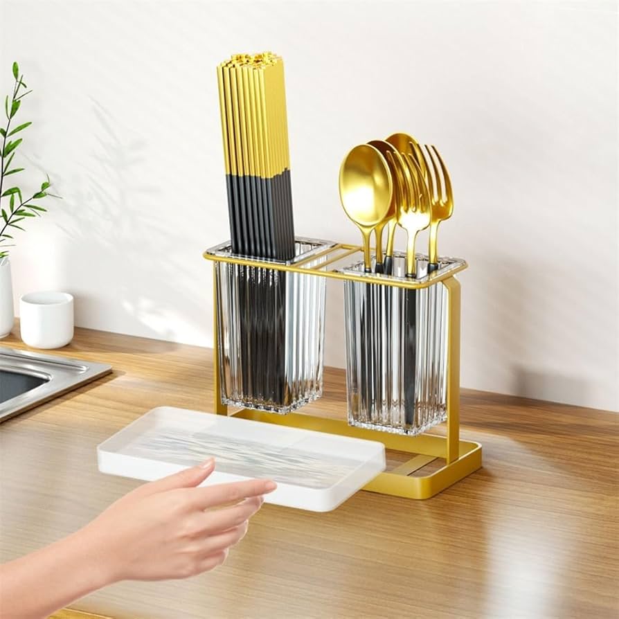 Acrylic Cutlery Holder with Gold Metal Stand | 2-Grid Kitchen Organizer