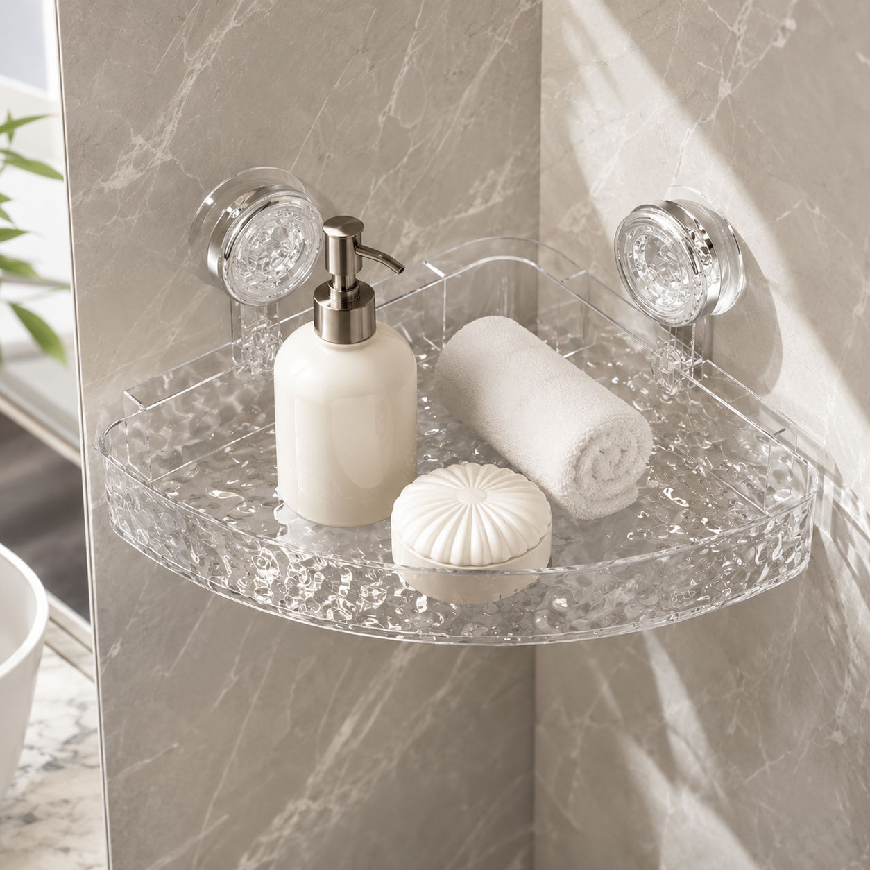 Acrylic Corner Suction Shelf – Drill-Free Bathroom Corner Bathroom Shelf