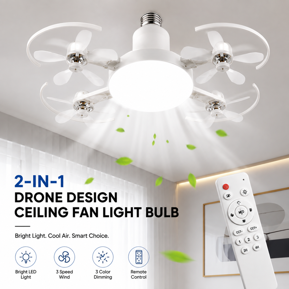 2-in-1 Drone Design Ceiling Fan Light Bulb - Remote Control LED Fan Lamp