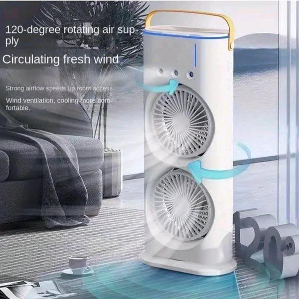 Rechargeable Mist Fan - Dual Spray with Automatic Rotation and Lighting Effects - Clarify.pk