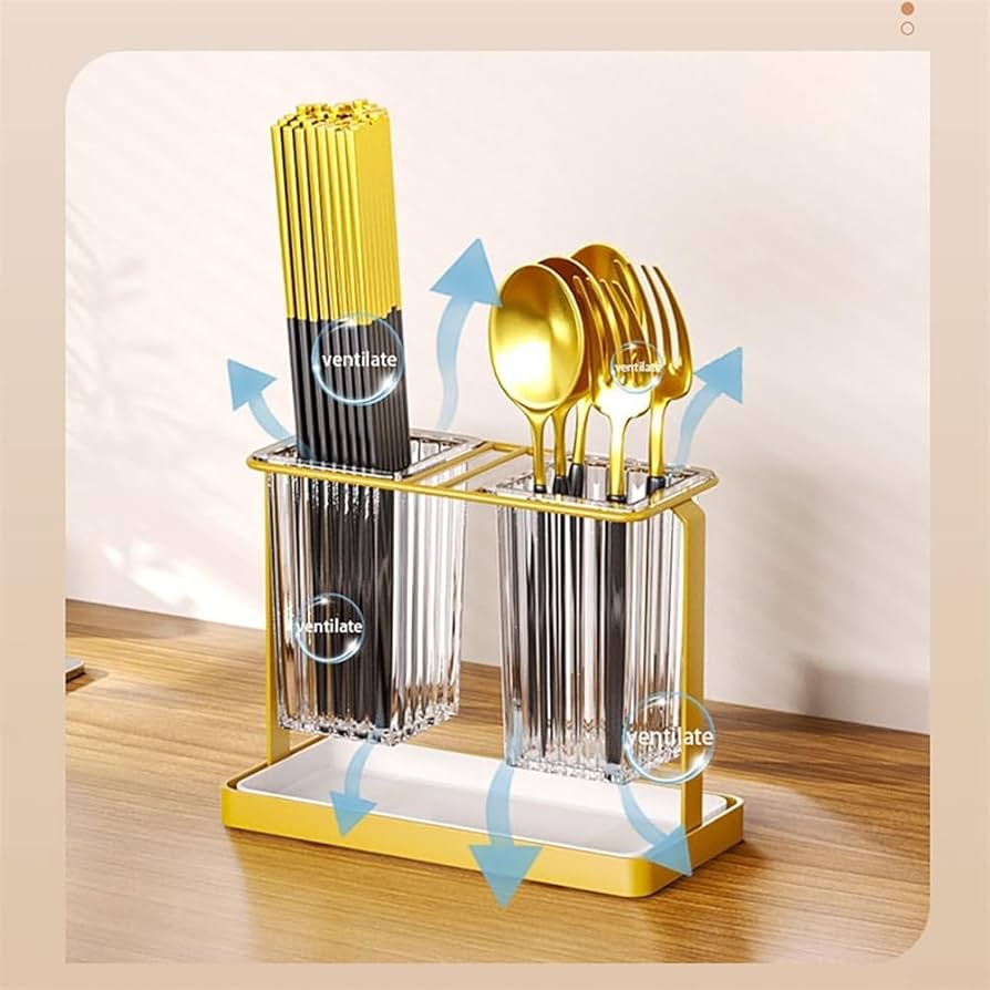 Acrylic Cutlery Holder with Gold Metal Stand | 2-Grid Kitchen Organizer