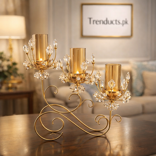 Luxury 3-Piece Crystal Goblet Metal Candle Stand Set
