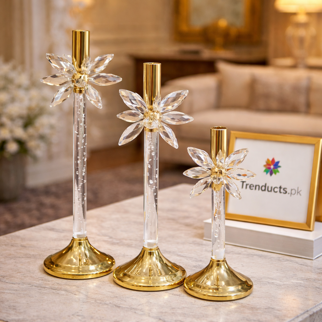 Luxury 3-Piece Crystal Starburst Metal Candle Stand Set