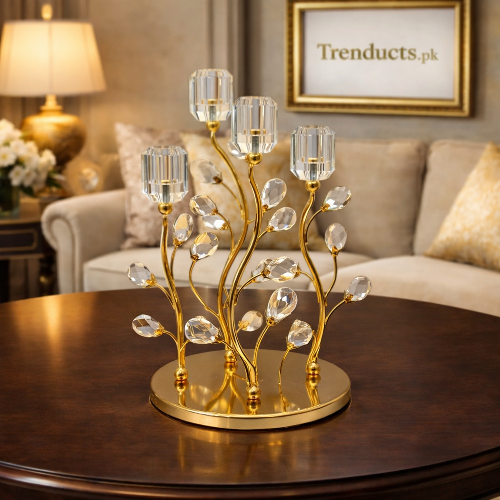 4-Cup Crystal & Gold Botanical Metal Candle Stand