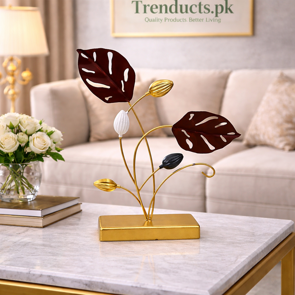 Modern Metallic Leaf & Bud Decorative Table Motif