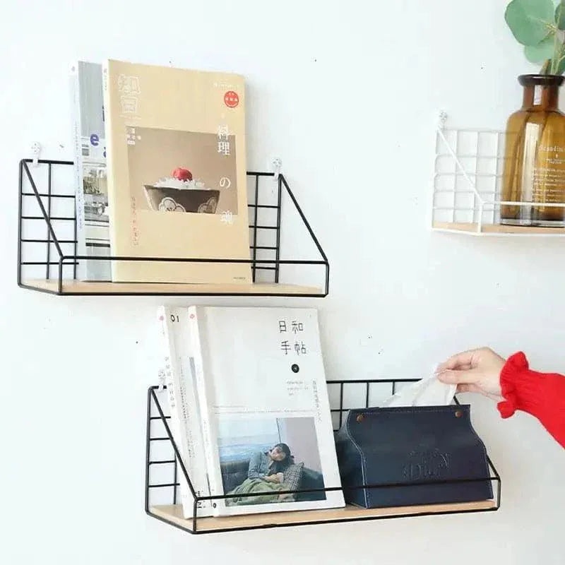 Metal Grid Wall Shelf with Wooden Base for Stylish Home Storage - Clarify.pk