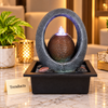 Ring Arch Sphere Tabletop Fountain with LED Flame Light & River Pebbles – Indoor Water Feature